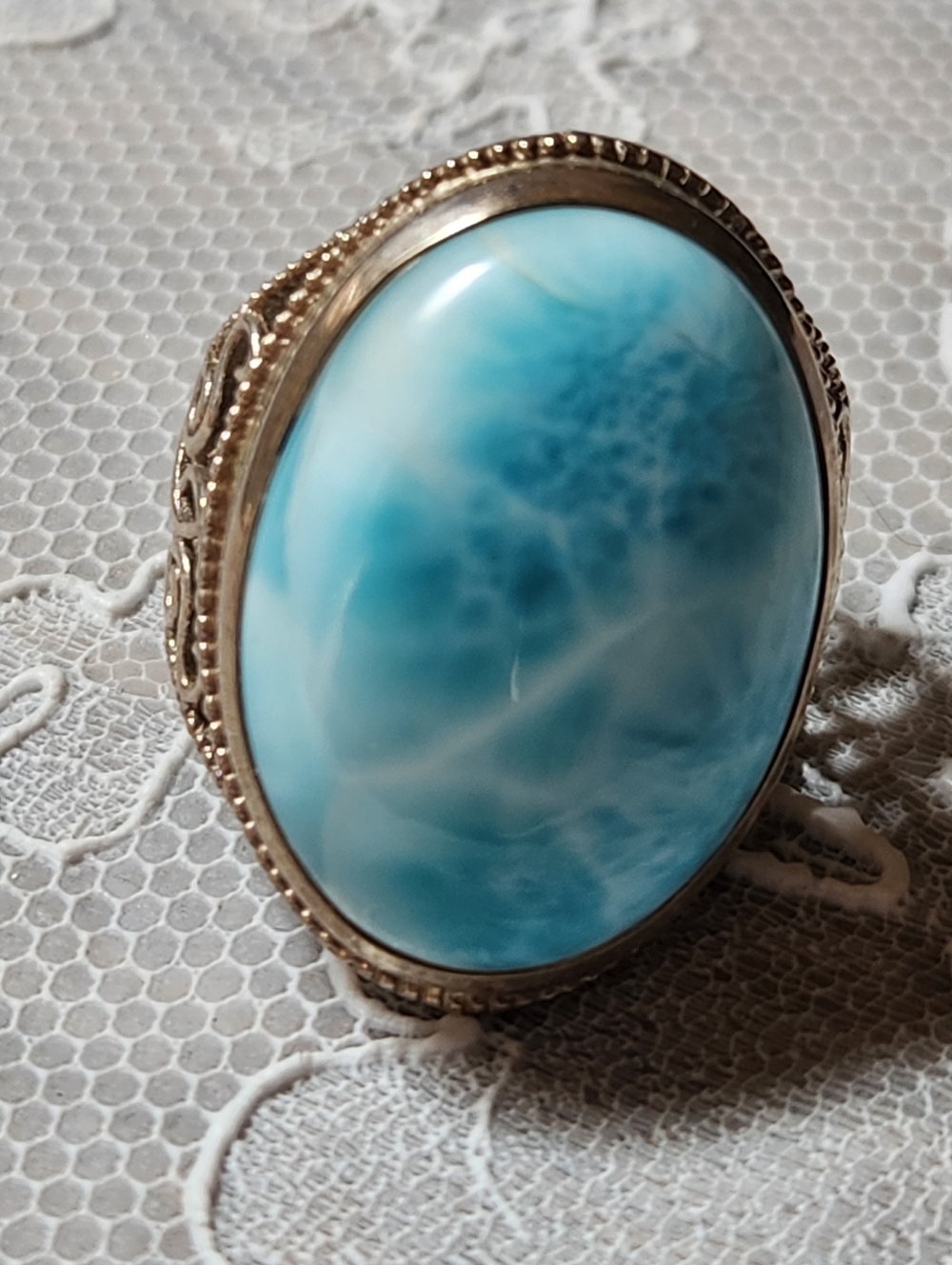 Blue Larimar Sterling Silver Large Oval Statement Ring SIZE 8 - Picture 9 of 14